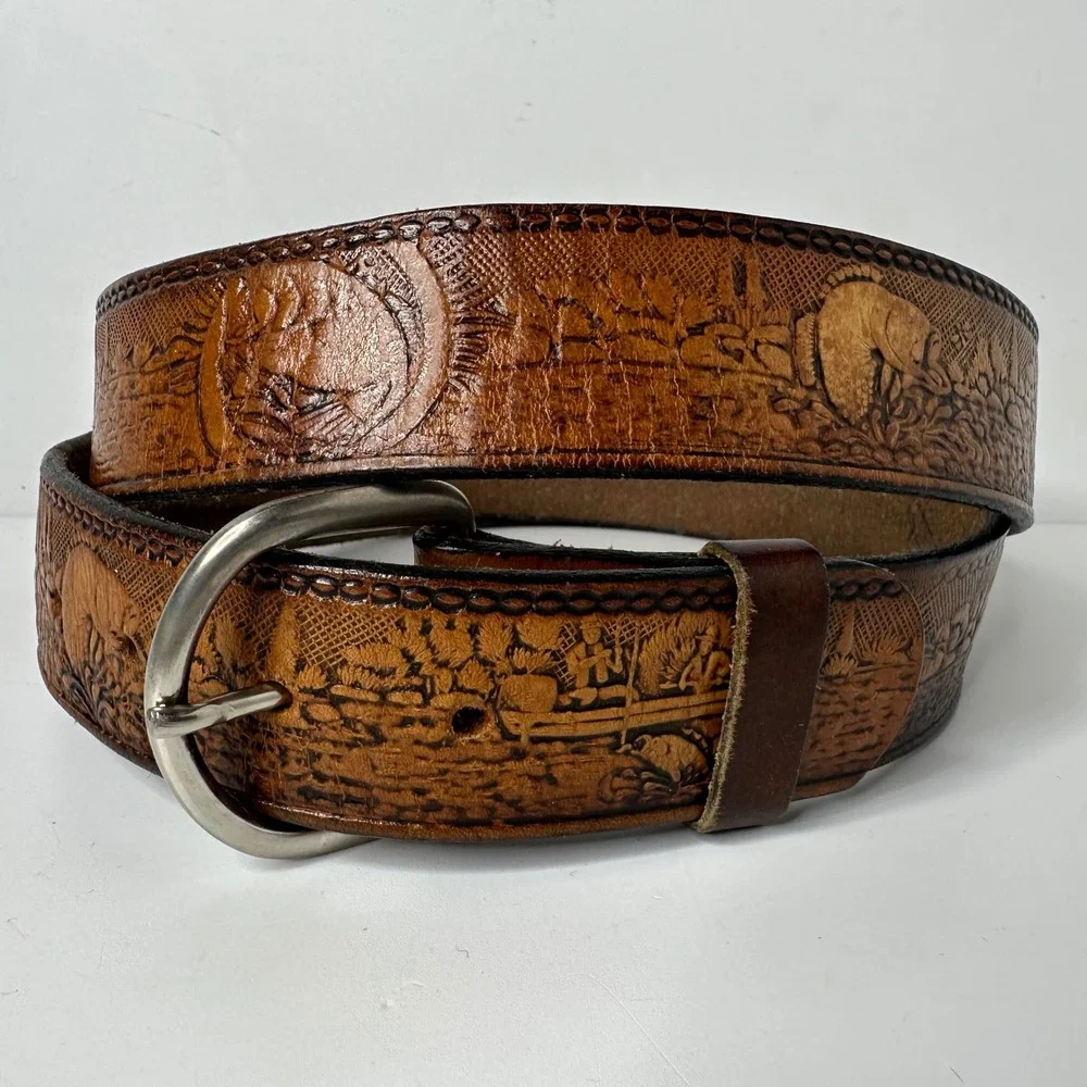 Vintage‎ Tooled Leather Wildlife Fishing Bass Scene Belt Cowboy Western Size 42?